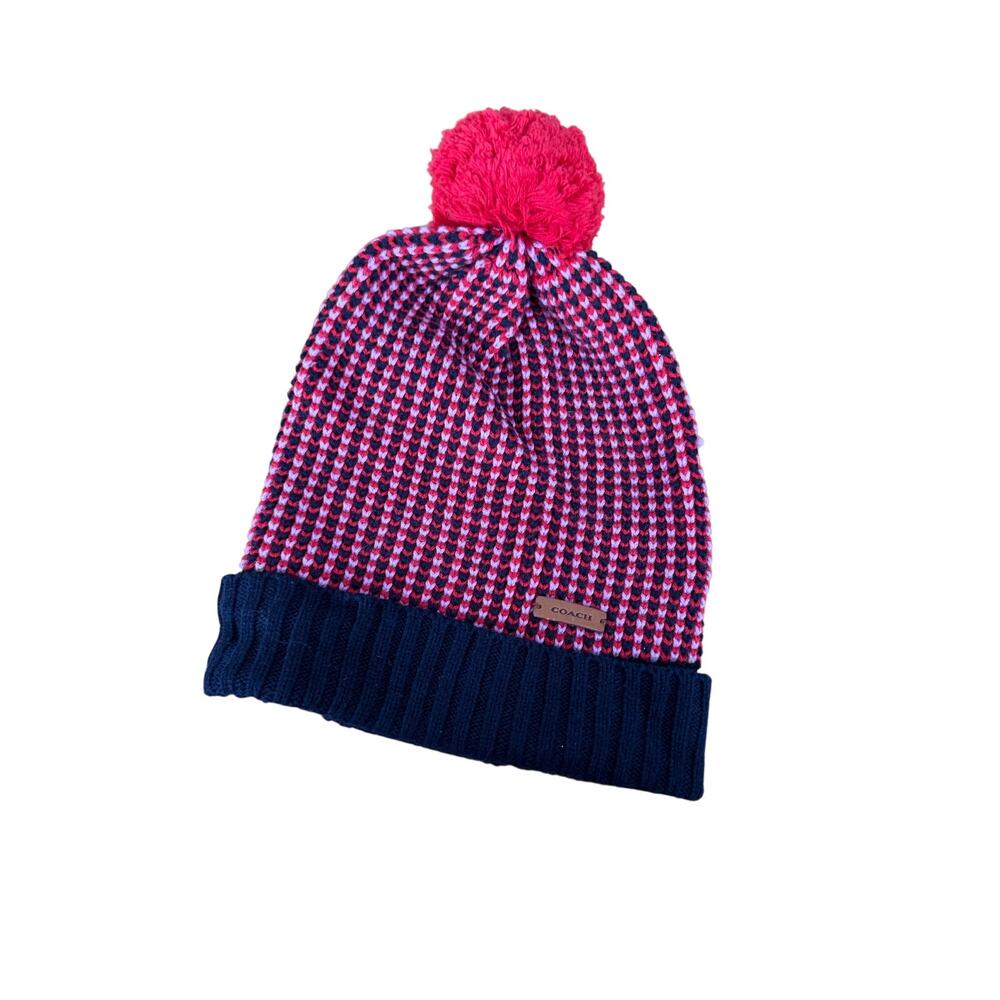Coach 85213 Tricolor Tuckstitch Beanie‎ Hat Pom